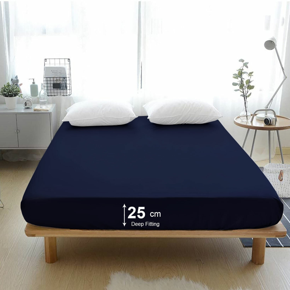 (Navy, Single) Deep Fitted Sheet Bedsheets For Mattress Bed