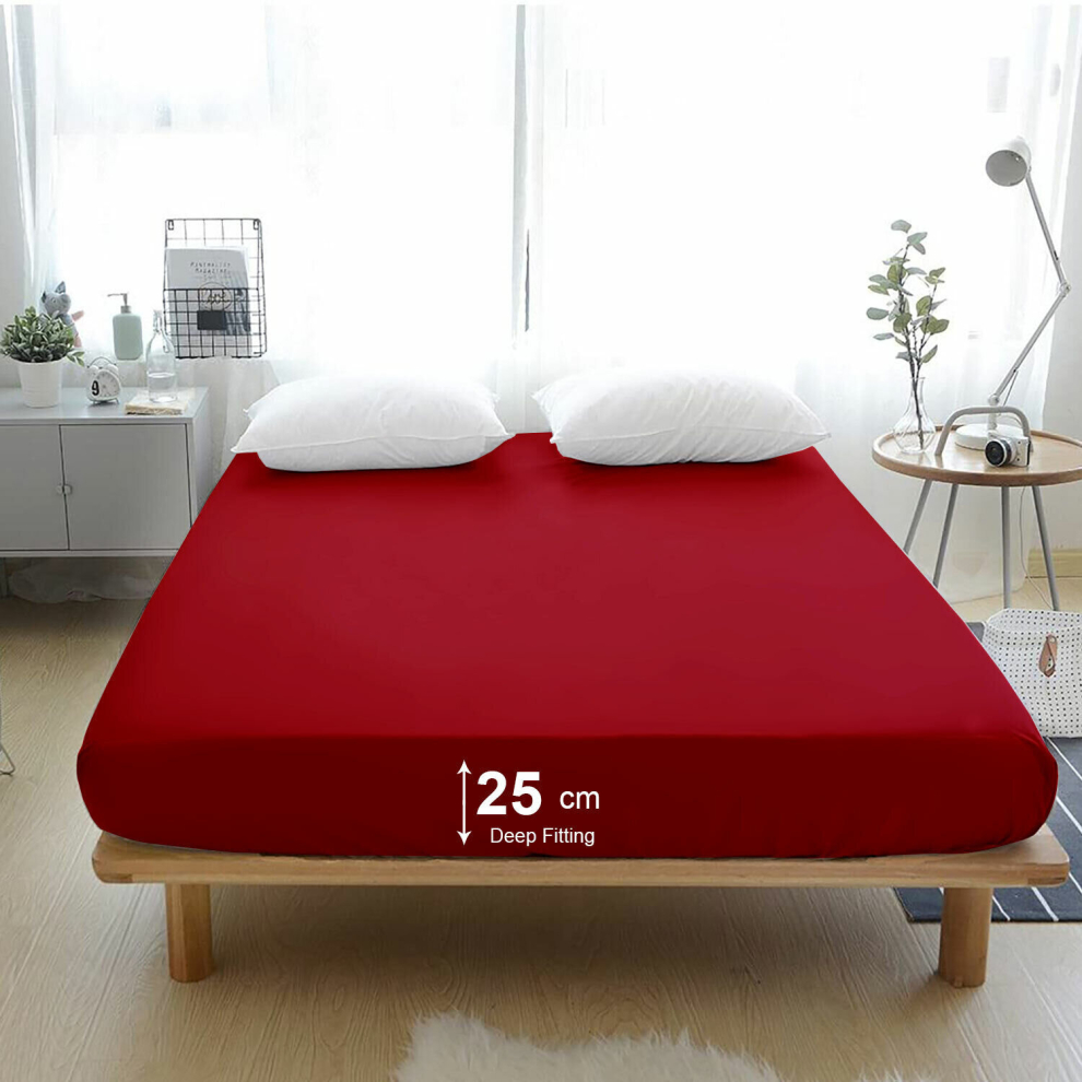 (Red, Single) Deep Fitted Sheet Bedsheets For Mattress Bed