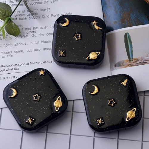 Lens Container Box Moon Star Space Pattern Square Travel Case with Mirror Storage Boxes Bins Home Storage Organization