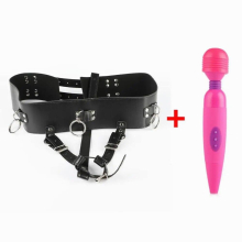 PU Leather Orgasm Belt Female Chastity Belt Magic AV Wand Vibrator BDSM Bondage Restraints Harness Strapon Sex Toys for Women
