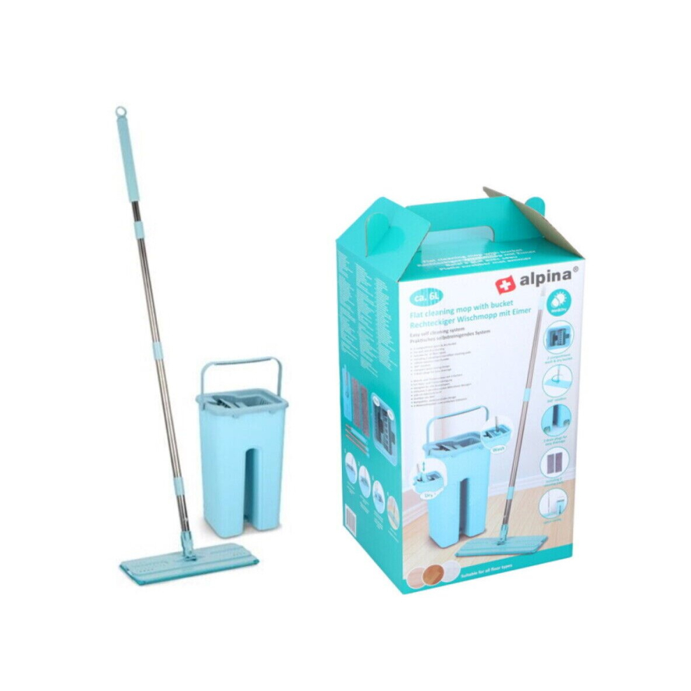 Alpina Flat Squeeze Microfiber Mop & Bucket Set Home Floor Tiles Cleaning