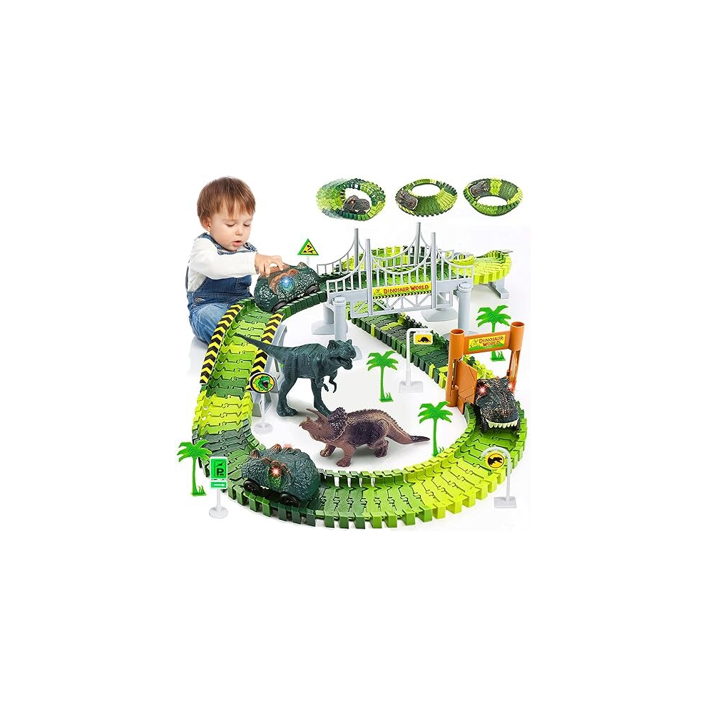 TODARRUN Dinosaur Race Track Toys,Create A Dinosaur World Road Race for Kids Toys,Flexible Track Playset and 2 Cool Dinosaurs Car for 3 4 5 6 7 8 Year