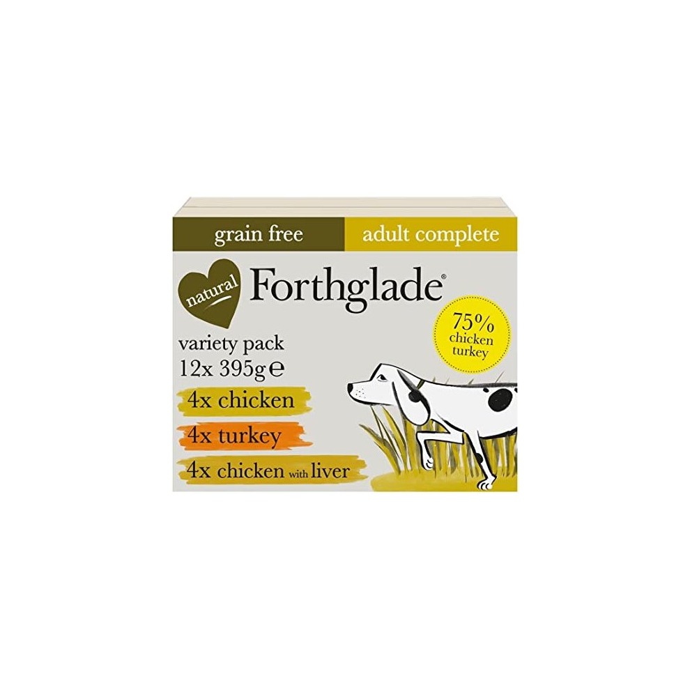 Forthglade Complete Natural Wet Dog Food - Grain Free & Vegetables Variety Pack (12 x 395g) Trays - Turkey, Chicken & Chicken with Liver - Adult Dog