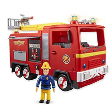 FIREMAN SAM Electronic Spray and Play Jupiter fire engine, free-wheeling with lights, sounds, water cannon, with figure playset., Red, 35.5 x 15 x