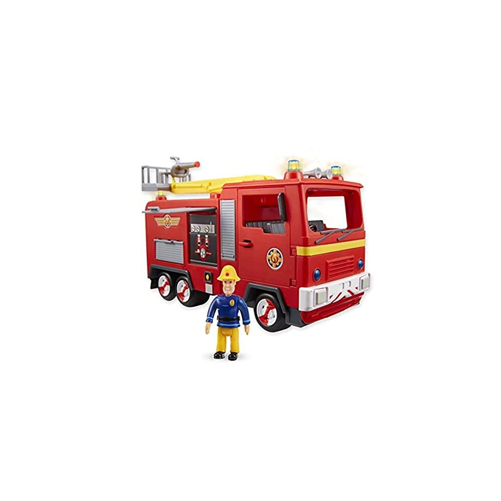 FIREMAN SAM Electronic Spray and Play Jupiter fire engine, free-wheeling with lights, sounds, water cannon, with figure playset., Red, 35.5 x 15 x