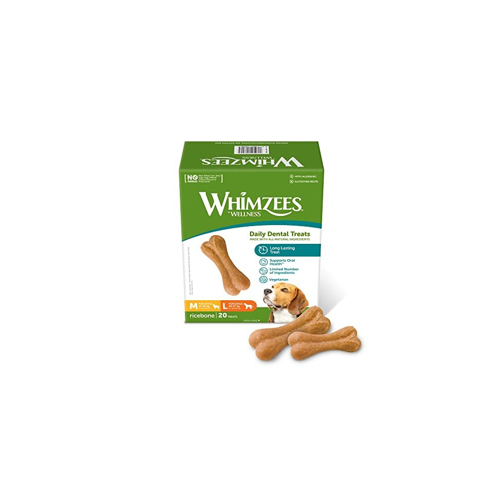 WHIMZEES By Wellness Rice Bone, Natural and Gluten-Free Dog Chews, Dog Dental Sticks for Medium and Large Breeds, 20 Pieces, Size M/L