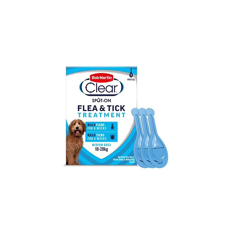 Bob Martin Clear | Spot On Flea Treatment for Medium Dogs (10-20Kg) | Kills Fleas, Ticks & Lice | Fast Control, 24 Week Protection (3 Pipettes)