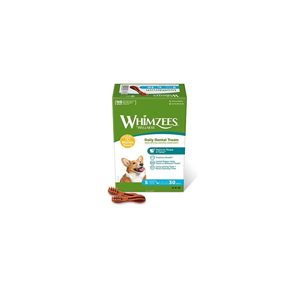 WHIMZEES By Wellness Toothbrush, Month Box, Natural and Grain-Free Dog Chews, Dog Dental Sticks for Small Breeds, 30 Pieces (One Month Supply), Size S