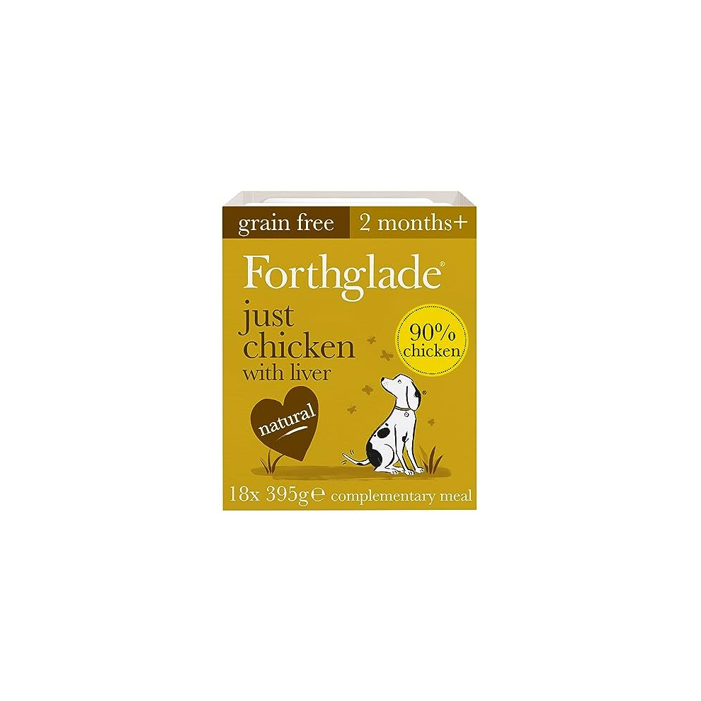 Forthglade Complementary Natural Wet Dog Food - Grain Free Just Chicken with Liver & Vegetables (18 x 395g) Trays - 90% Chicken Dog Food for Puppy,