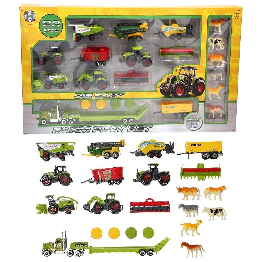 Large 18 Piece Diecast Plastic Tractor Farm Animals And Vehicles Toy Play Set