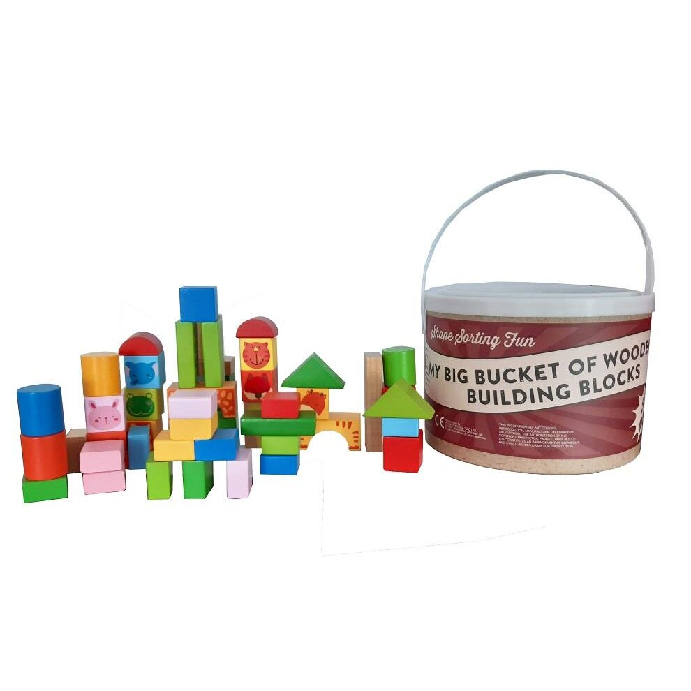 Wooden Shape Sorting Bucket 50 Pieces