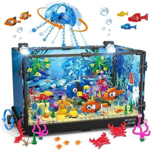 HOGOKIDS Fish Tank Building Set with LED Light - 725PCS Aquarium with Movable Jellyfish Fish Building Blocks | Creative Animal Marine Life Toy