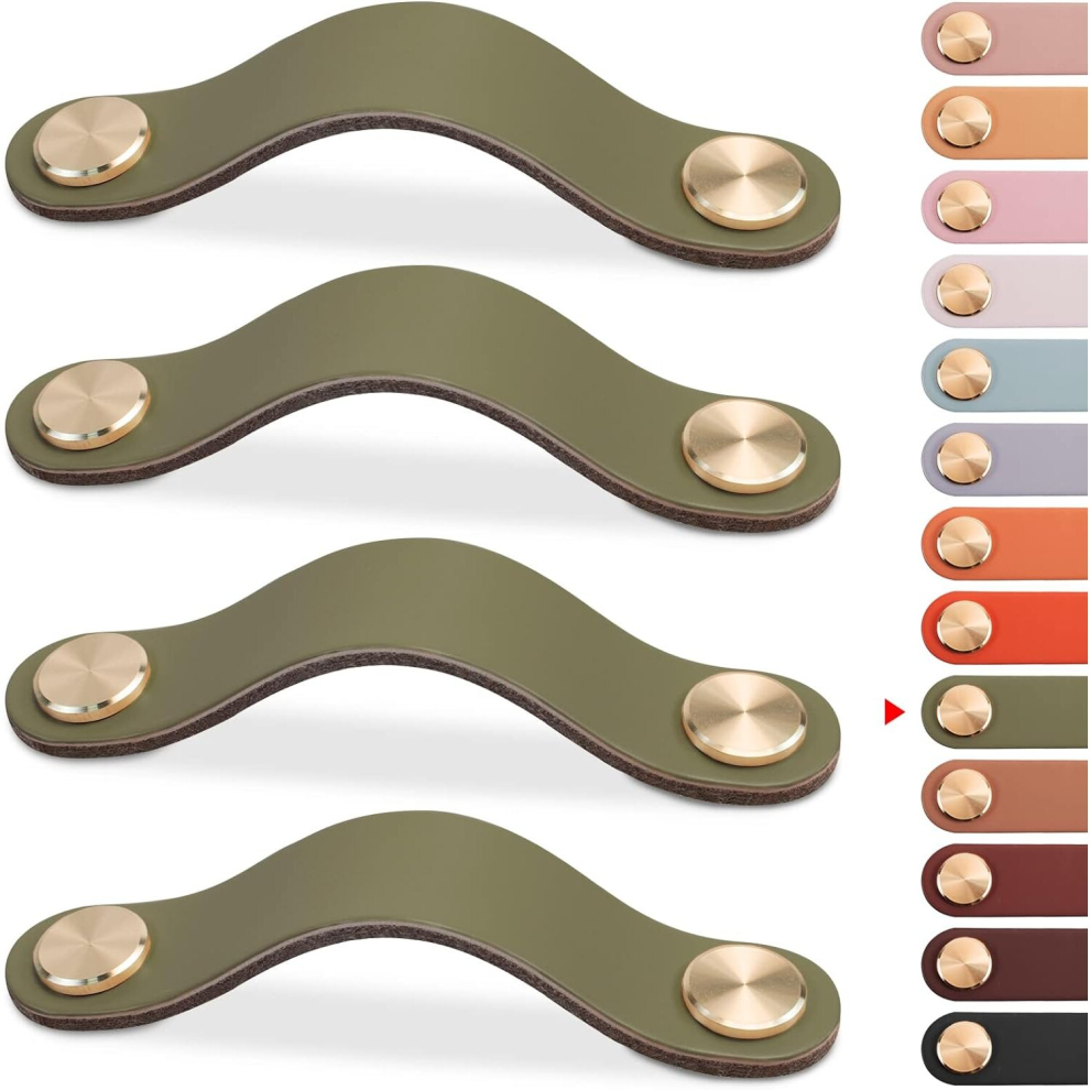 4Pcs Leather Furniture Handle, Cupboard Door Knob Leather Handle Drawer Knob, Vintage Furniture Handle For Cabinets, Dresser, Kitchen(Green, 96Mm) 7770197805162