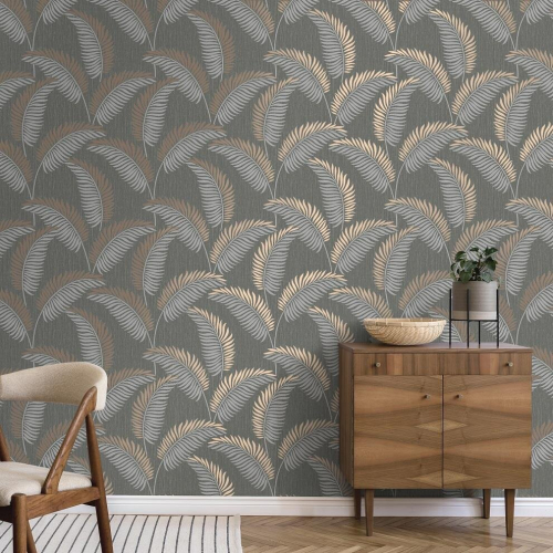 Fine Decor Fine Decor Cascade Leaf Grey Gold Wallpaper FD42839