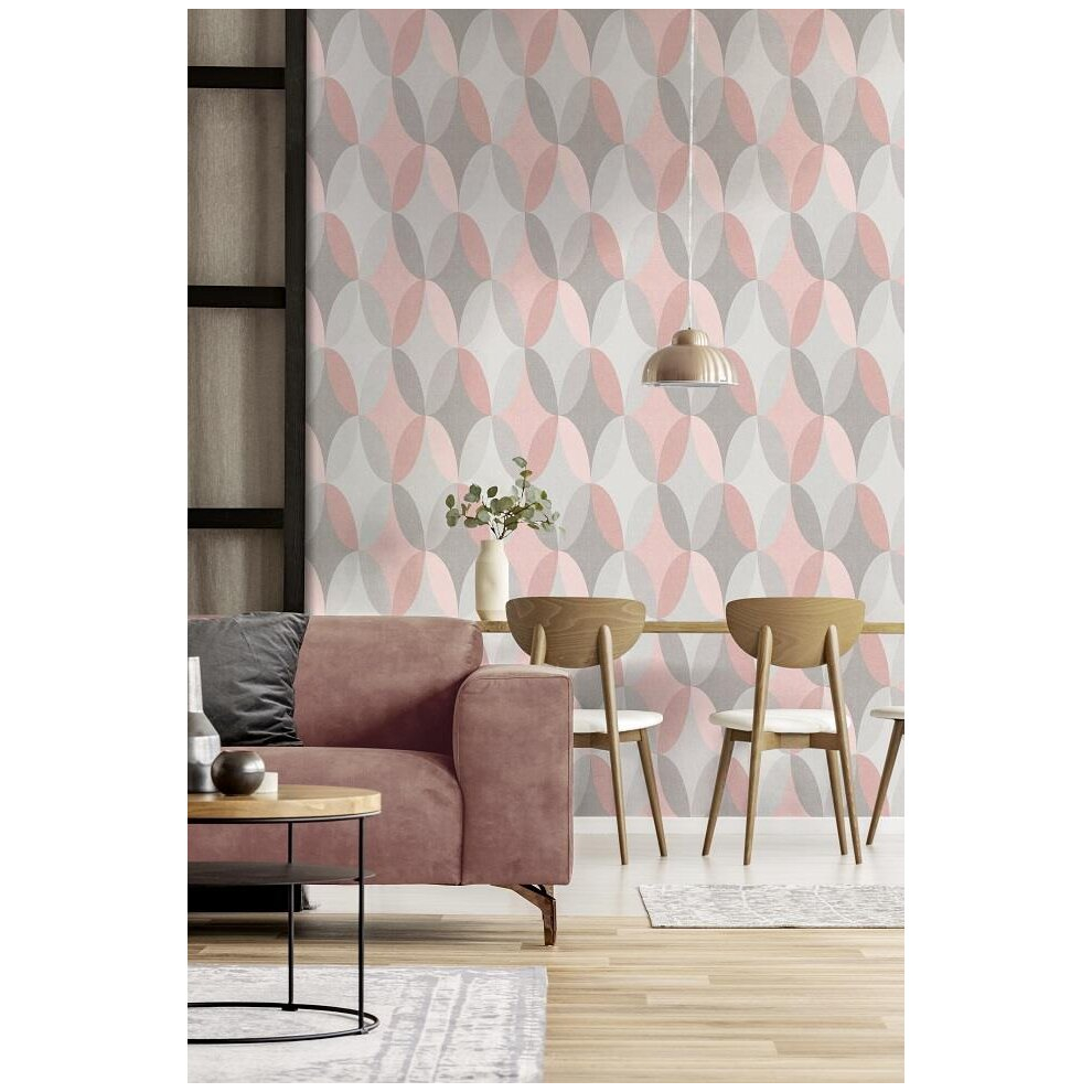 Kirby Oval Pink Wallpaper Crown Textured Vinyl Geometric White Grey Modern