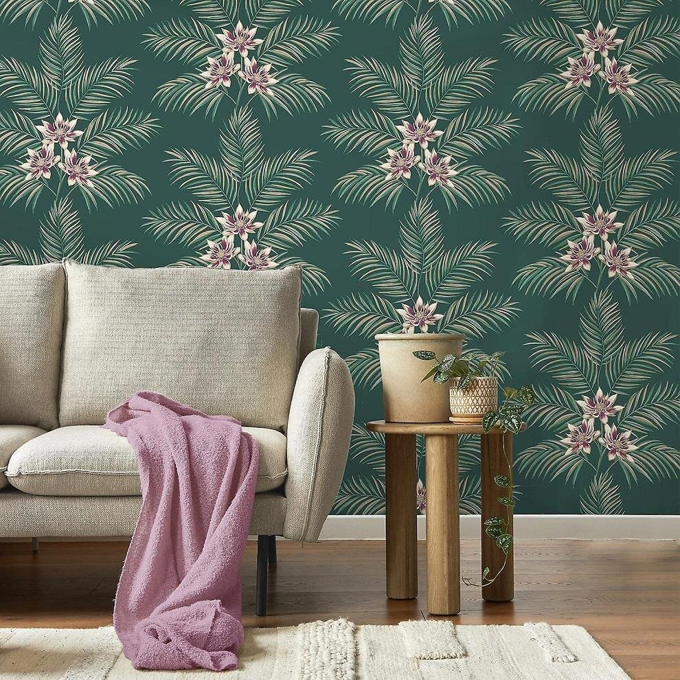 Fine Decor Bali Tropical Floral Emerald Wallpaper Fd43279