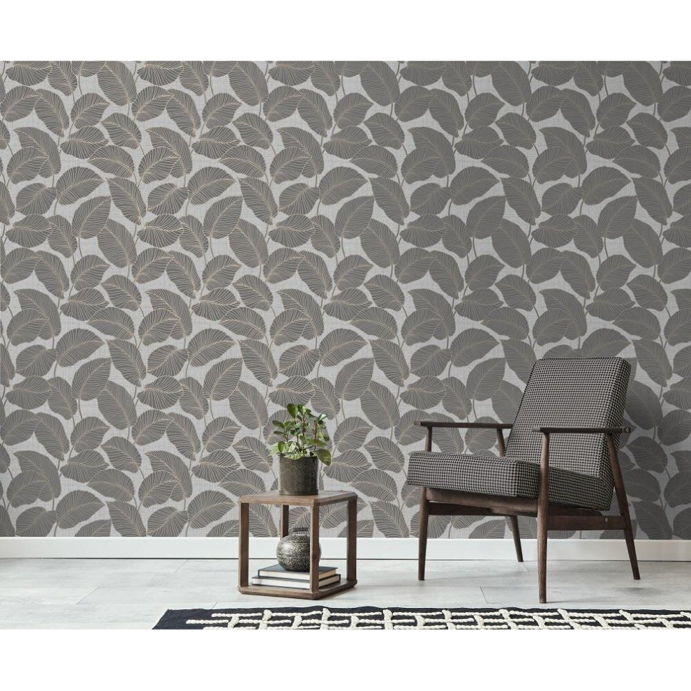 Larson Leaf Wallpaper Fine DÃ©cor Charcoal Gold Textured Vinyl Metallic