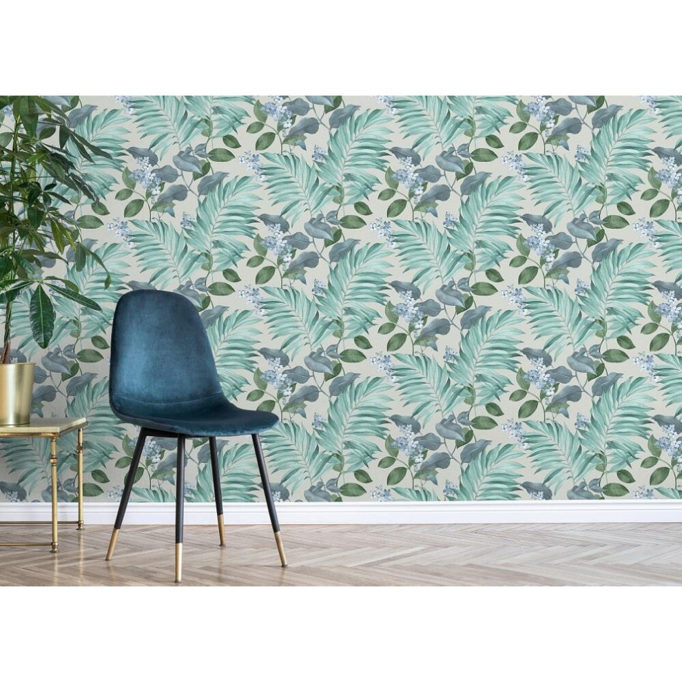 Eden Tropical Grey Wallpaper Crown Textured Green Blue Jungle