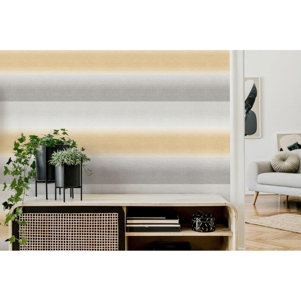 Kirby Stripe Mustard Wallpaper Crown Textured Vinyl Yellow Grey White Modern