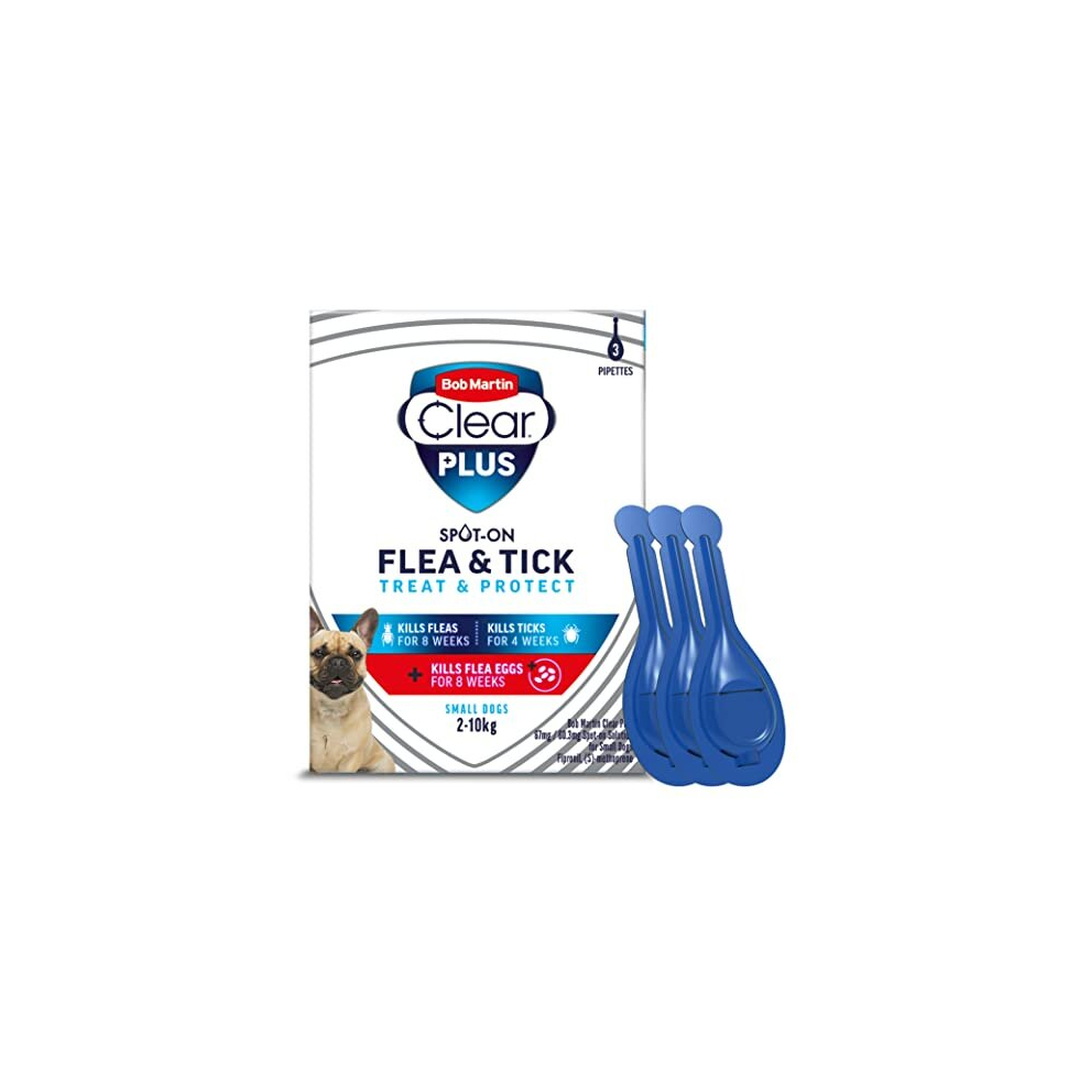 Bob Martin Clear Plus | Spot On Flea Treatment For Small Dogs (2-10Kg) | Kills Fleas, Ticks, Lice & Flea Eggs (3 Pipettes)