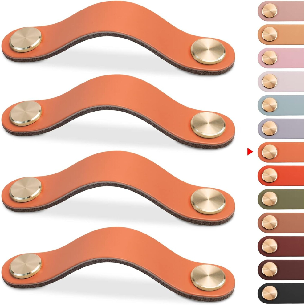 4Pcs Leather Furniture Handle, Cupboard Door Knob Leather Handle Drawer Knob, Vintage Furniture Handle For Cabinets, Dresser, Kitchen(Orange, 96Mm) 7770197805148
