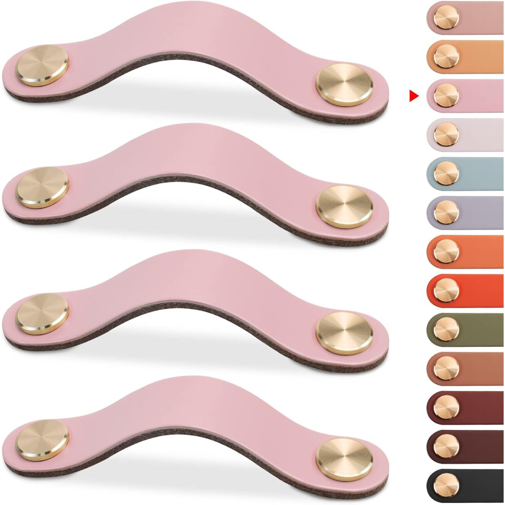 4Pcs Leather Furniture Handle, Cupboard Door Knob Leather Handle Drawer Knob, Vintage Furniture Handle For Cabinets, Dresser, Kitchen(Pink, 96Mm) 7770197805155
