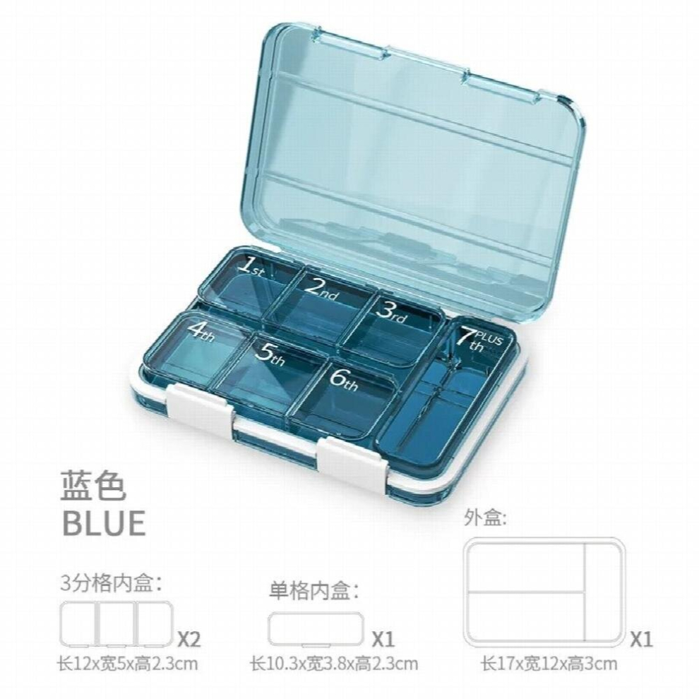 Blue Portable Medicine Box, Small Medicine Box, Mini One-Week Sub-Packing Medicine Box, Pills, Pills, Medicine Box, Medicine Box
