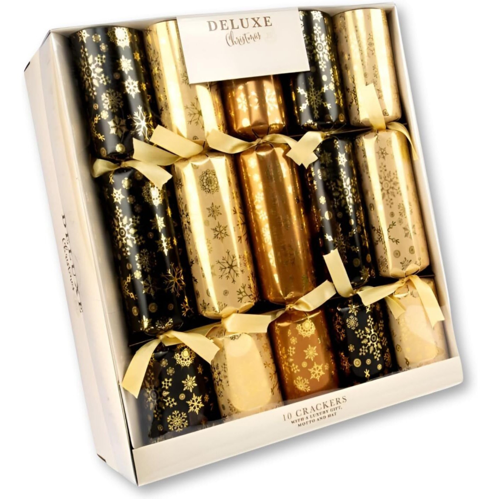 Quickdraw Luxury Snowflake Foil Christmas Crackers & Deluxe Gifts Gold/Black
