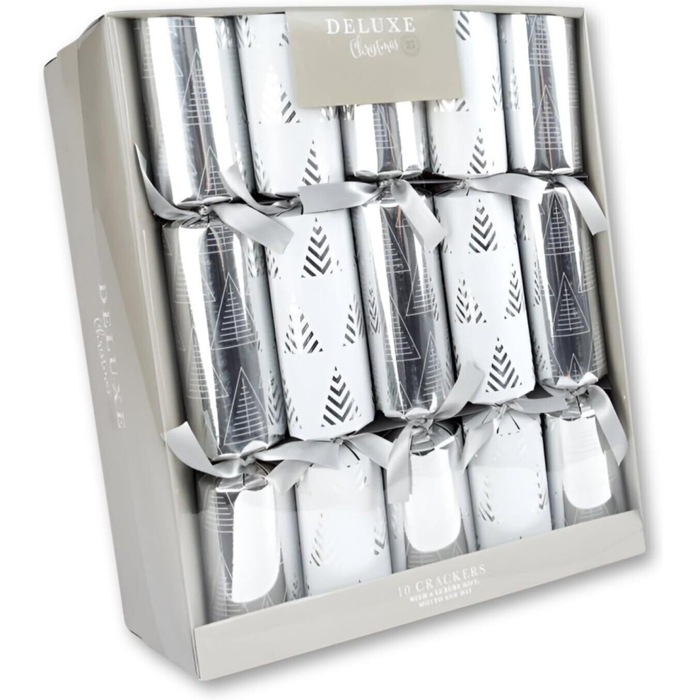 White And Silver Trees Luxury Foil Christmas Crackers & Deluxe Gifts