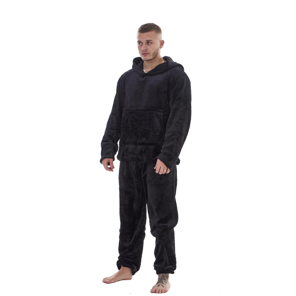 (Black, M) Malay Men Flannel Fleece Pyjama Set Hooded Cozy Soft Warm Loungewear Sleepwear M-XXL