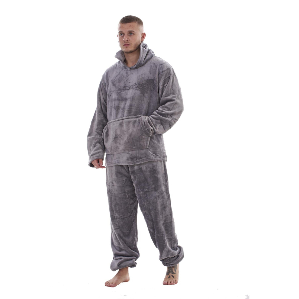 (Grey, XXL) Malay Men Flannel Fleece Pyjama Set Hooded Cozy Soft Warm Loungewear Sleepwear M-XXL