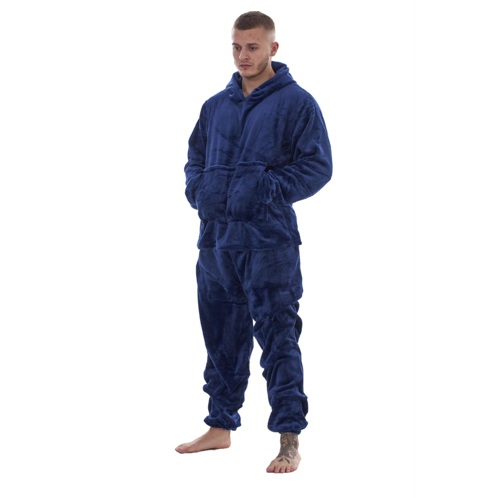 (Navy, L) Malay Men Flannel Fleece Pyjama Set Hooded Cozy Soft Warm Loungewear Sleepwear M-XXL