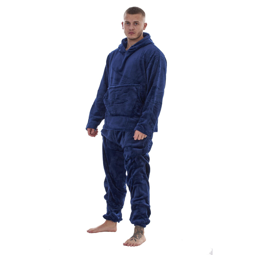 (Navy, M) Malay Men Flannel Fleece Pyjama Set Hooded Cozy Soft Warm Loungewear Sleepwear M-XXL