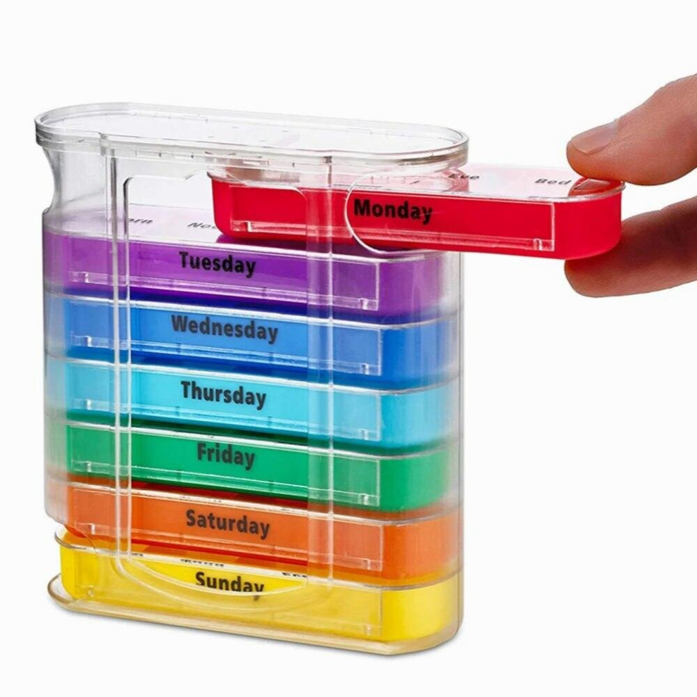 Multicoloured 28 Grids Pill Box Organizer Storage Medicine Dispenser Drawer Type Travel Sort Vitamin Elders Portable Weekly One Week Case