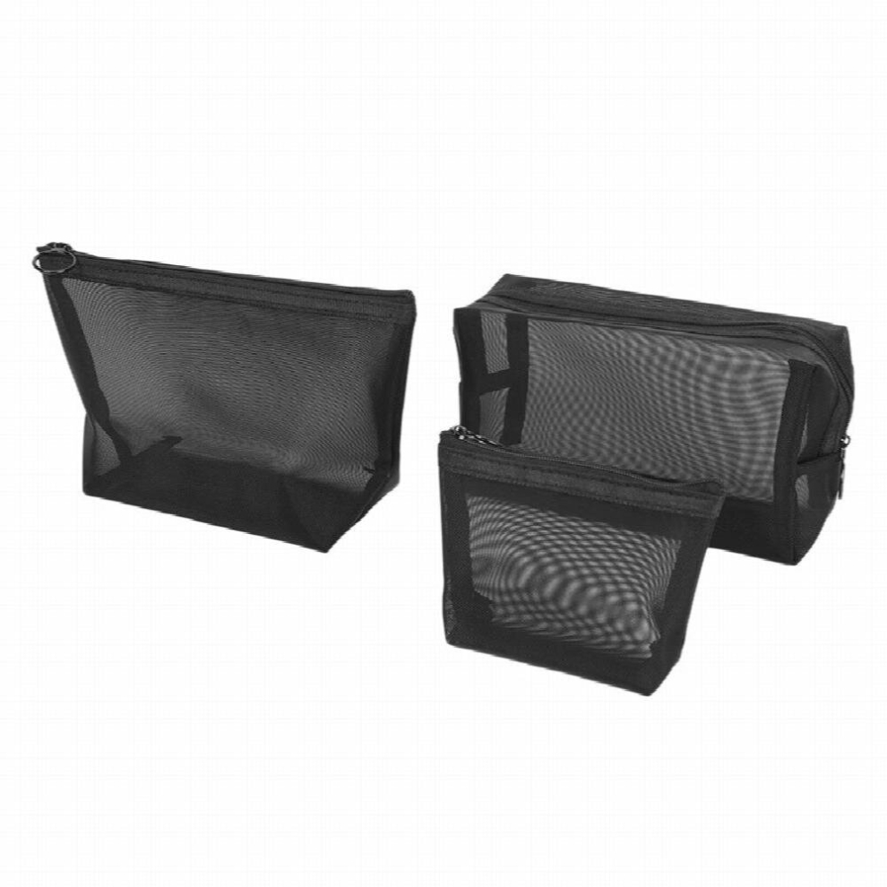 Black 3Pcs/Set Mesh Clear Cosmetic Bag Beauty Wash Bags Makeup Case Travel