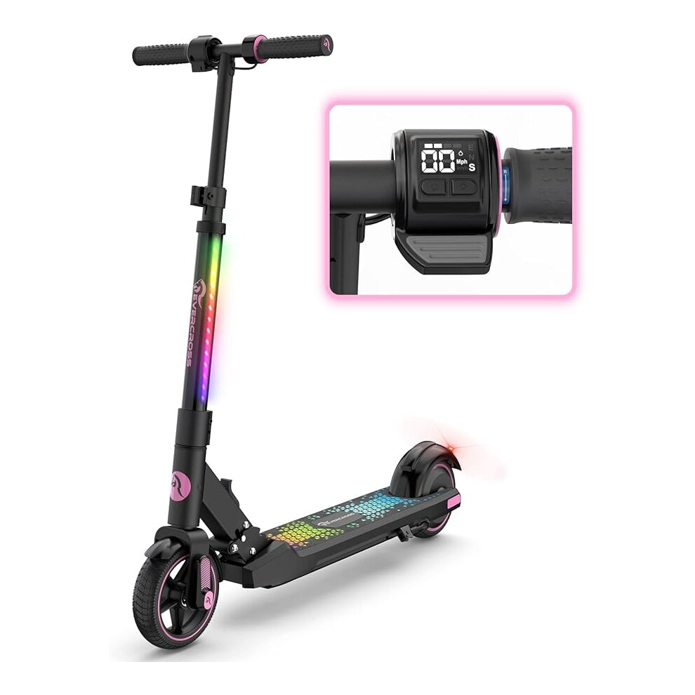 (Pink) 6.5'' Foldable Electric Scooter for Kids Ages 6-12, Up to 15 KM/H & 8 KM, LED Display, Colorful LED Lights, Lightweight Kids E Scooter