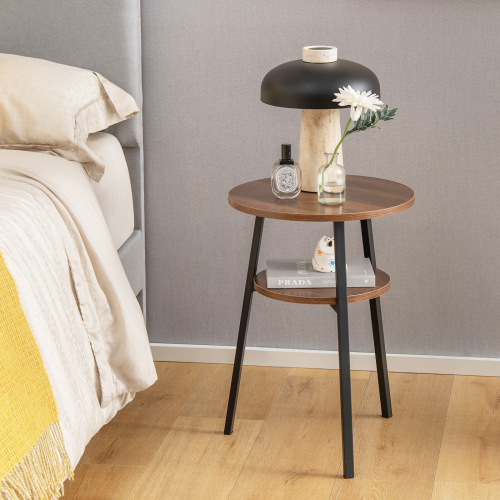 Costway 2-Tier Round Bedside Table Wooden Sofa End w/Storage Shelf Accent Table 2