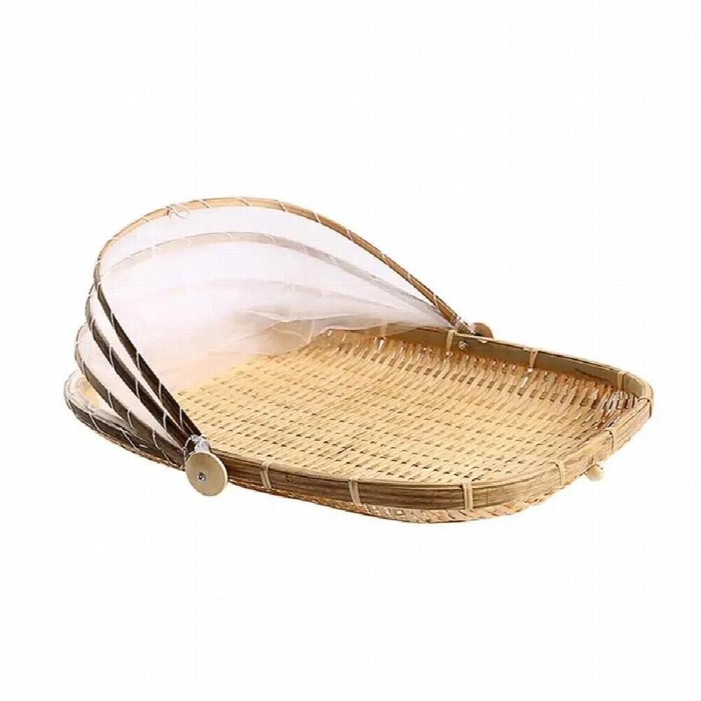 Handmade Bamboo Basket With Net Mesh Cover Kithen Bread Fruit Vegetable Food Container Outdoor Travel Picnic Dust Proof Basket - 15 - View #7