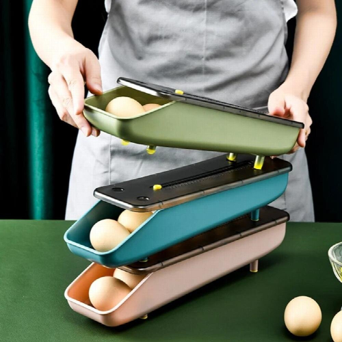 Automatic Rolling Egg Storage Box Plastic Storage Container Kitchen Fridge Organization Eggs Holder Basket Cartons Tray Sliding 1