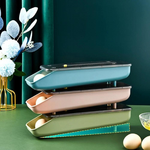 Automatic Rolling Egg Storage Box Plastic Storage Container Kitchen Fridge Organization Eggs Holder Basket Cartons Tray Sliding 2