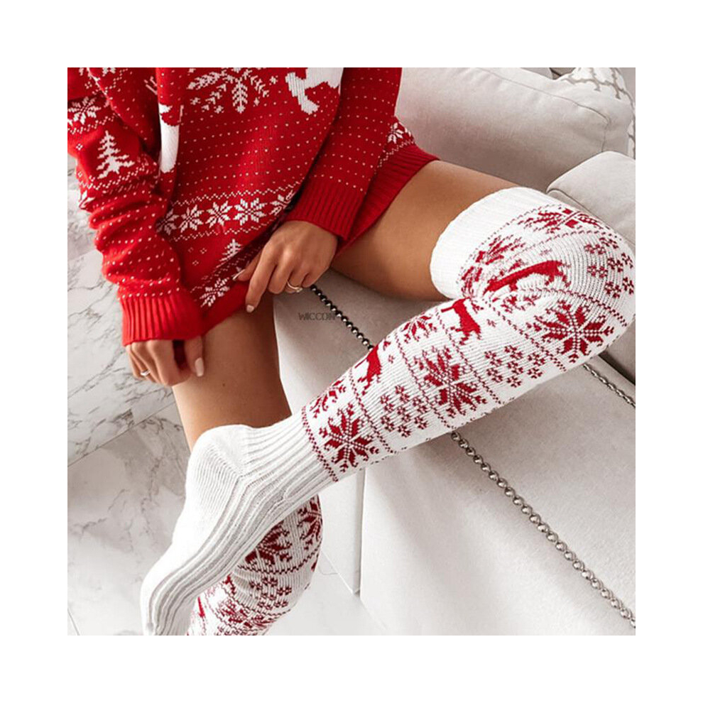 (WHITE) Christmas Knitted Wool Stockings Women's Elk Snowflake Jacquard Knee High Stacked Socks Floor Stockings