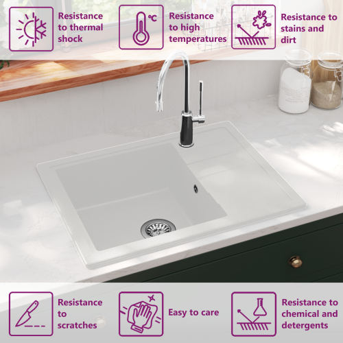 VidaXL vidaXL Kitchen Sink with Overflow Hole Oval White Granite Drainer Waste Kit 2