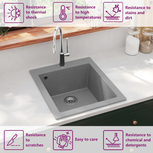 VidaXL vidaXL Overmount Kitchen Sink Single Basin Granite Grey Plumbing Fixture Kit 1