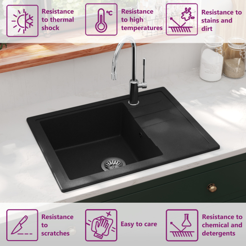 VidaXL vidaXL Kitchen Sink with Overflow Hole Oval Black Granite Drainer Waste Kit 1