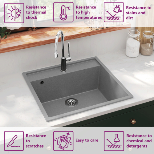 VidaXL vidaXL Kitchen Sink with Overflow Hole Grey Granite Single Bowl Waste Kit 2