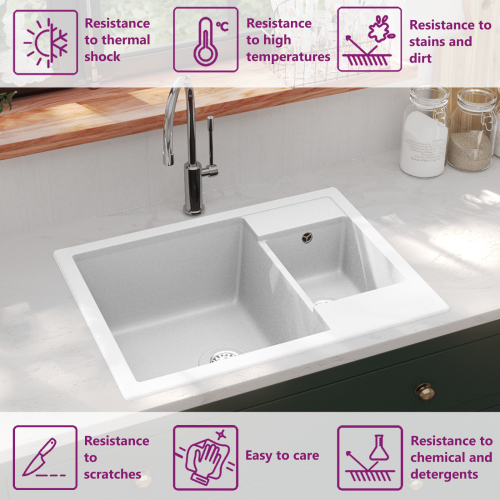 VidaXL vidaXL Kitchen Sink with Overflow Hole Double Basins White Granite Strainer 2