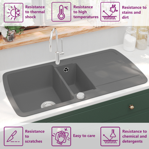 VidaXL vidaXL Granite Kitchen Sink Double Basin Grey Overmount with Basket Strainer 1