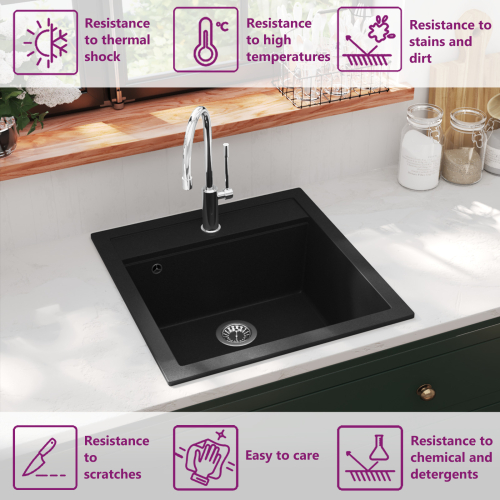 VidaXL vidaXL Granite Kitchen Sink Single Basin Black Overmount with Basket Strainer 1