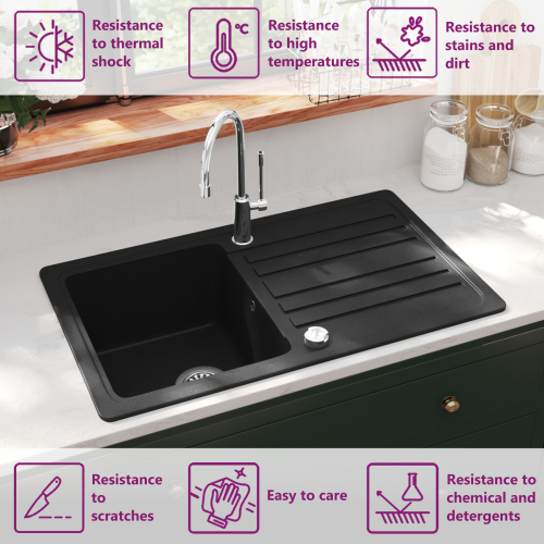 VidaXL vidaXL Granite Kitchen Sink Single Basin with Drainer Reversible Black Fixture 1