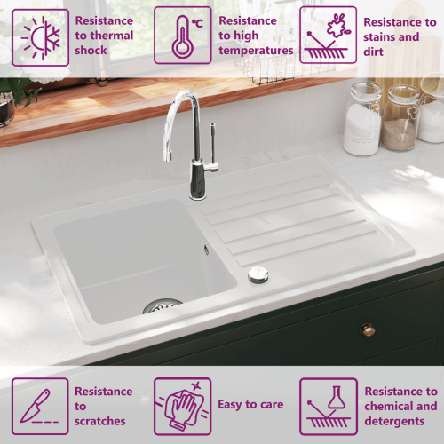 VidaXL Granite Kitchen Sink - Cream White, Single Basin with Drainer, Reversible Left/Right, 765x460mm (Code 141671) 1